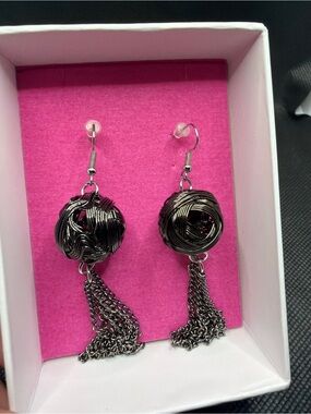 Black Wire Ball Tassel Earrings | Statement Dangle Earrings | Gothic Boho Chic